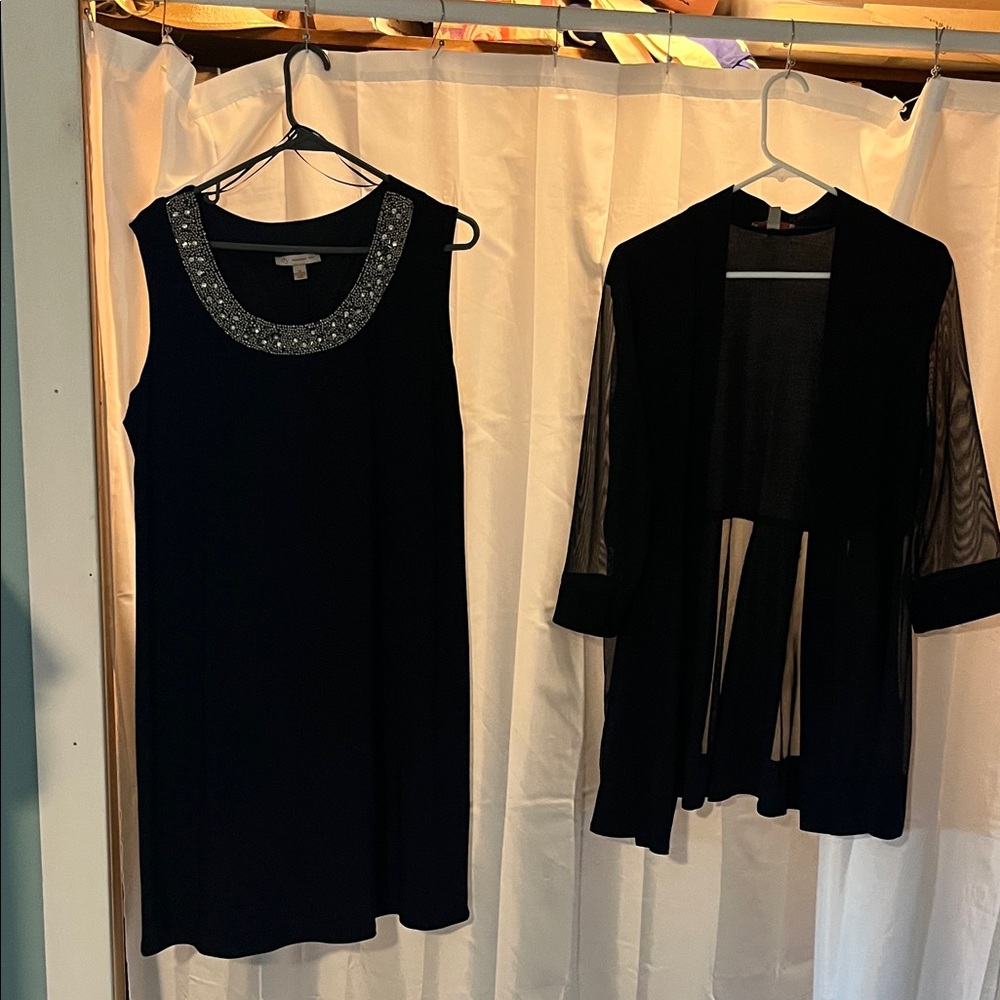 David's Bridal Black Dress with Silver Embellishments and Sheer Cardigan